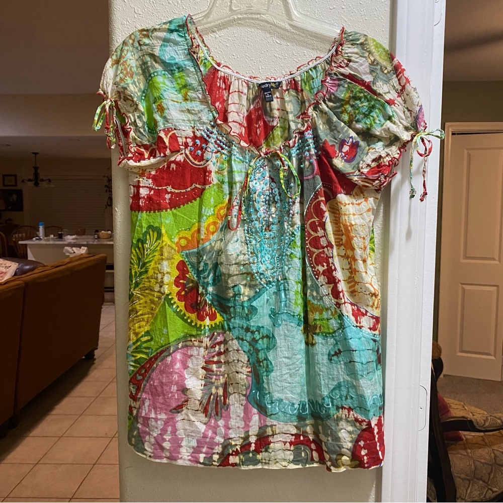 Chaudry Tie Dye peasant Top Elastic neckline short Sleeve Women medium blouse